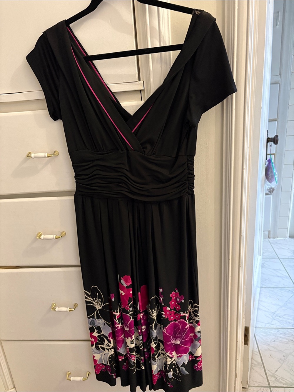 Sandra Darren Black Midi Dress with Pink Floral Border